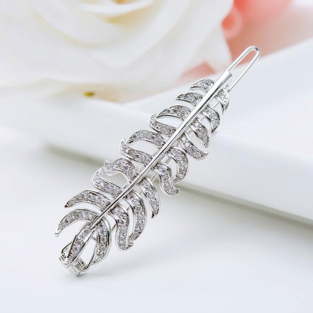 LUOTEEMI Hot Selling Fashion Stylish Leaf Shape Luxury Zircon Crystal Feather Wedding Braid Hairpin