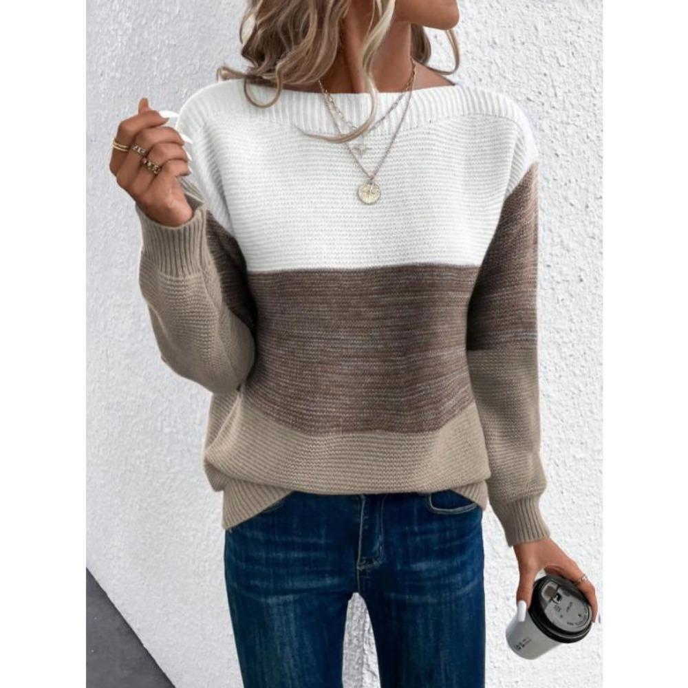 Elegant Three-color Patchwork Sweater Women Daily Commuter Casual Loose Jumpers Female Autumn Winter Knitted Thickened Warm Tops