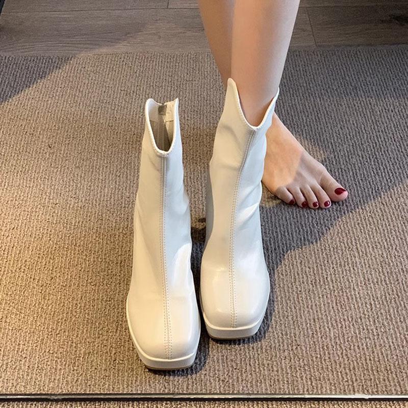 White Thick-heeled Short Boots Women's 2024 New Autumn and Winter High-heeled Shoes Small Man Heightened Thick-soled Martin Boots Thin Single Boots