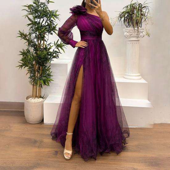 Женское вечернее платье с 3D-цветочным декором на одно плечо, плиссированное, сетчатое, банкетное платье, одно длинное