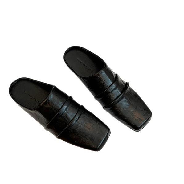 Полутапочки на толстой подошве с плиссированным верхом, женская обувь большого размера, весна-лето 2025, туфли из маленькой кожи с квадратным носком, крутые женские тапочки