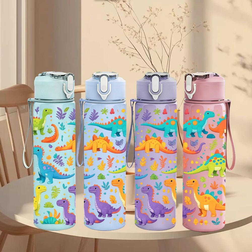 1PC Dinosaur Cartoon Colorful Sticker Print 750ml Color Plastic Sports Water Bottle Leakproof Flip Straw Lid Suitable for Sports Office Home Use