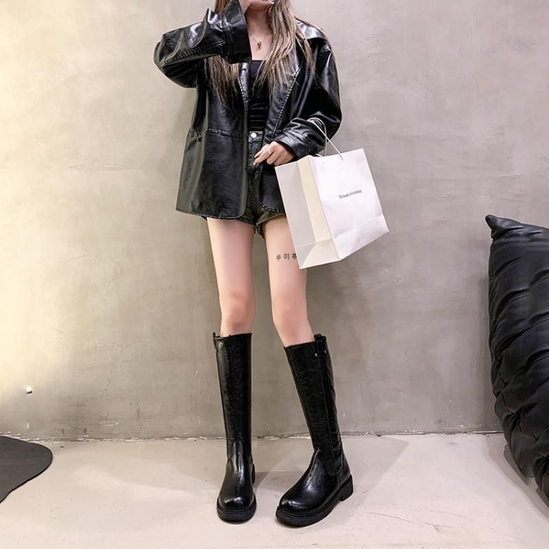Женские сапоги до колена Весна/Осень На толстой подошве Высокие ботинки Боковая молния Рыцарские сапоги Квадратный каблук Женская обувь Botas Mujer