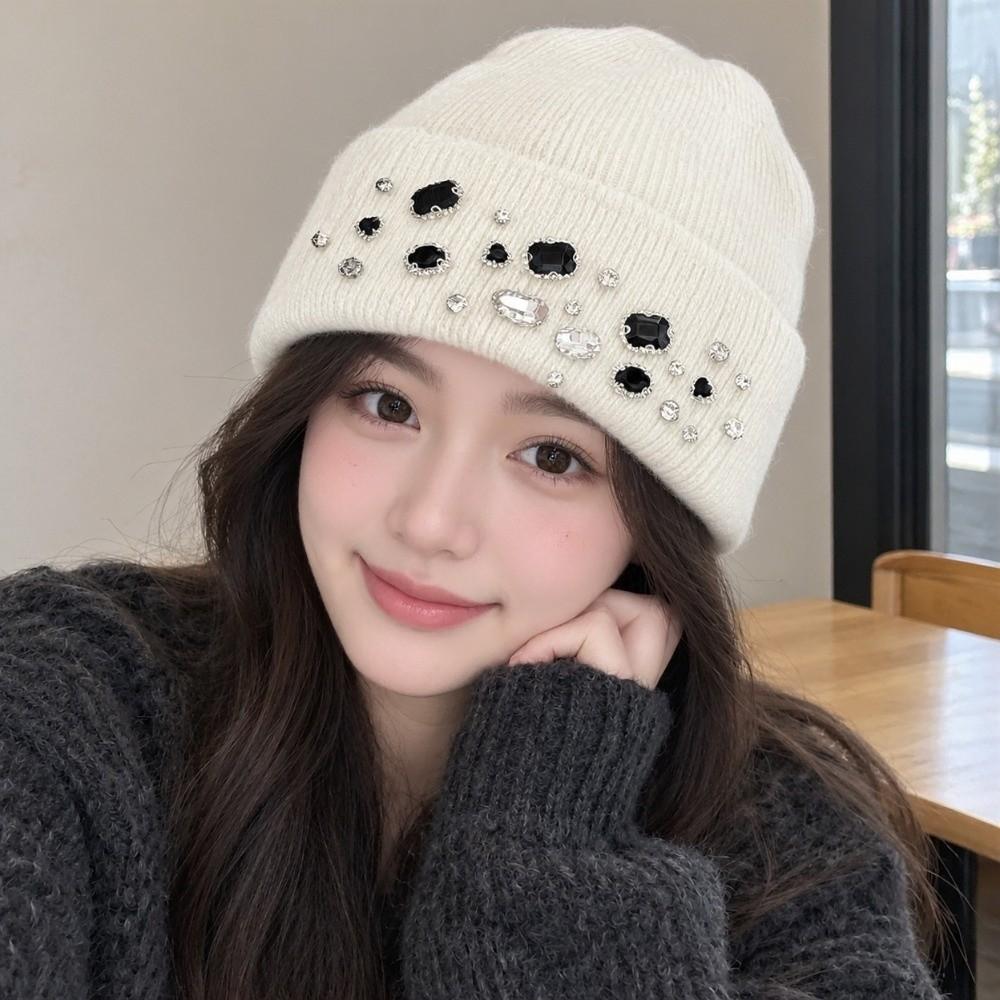 Solid Color Rhinestone Knitted Hat Versatile Windproof Cap Cute Warm Beanie Outdoor