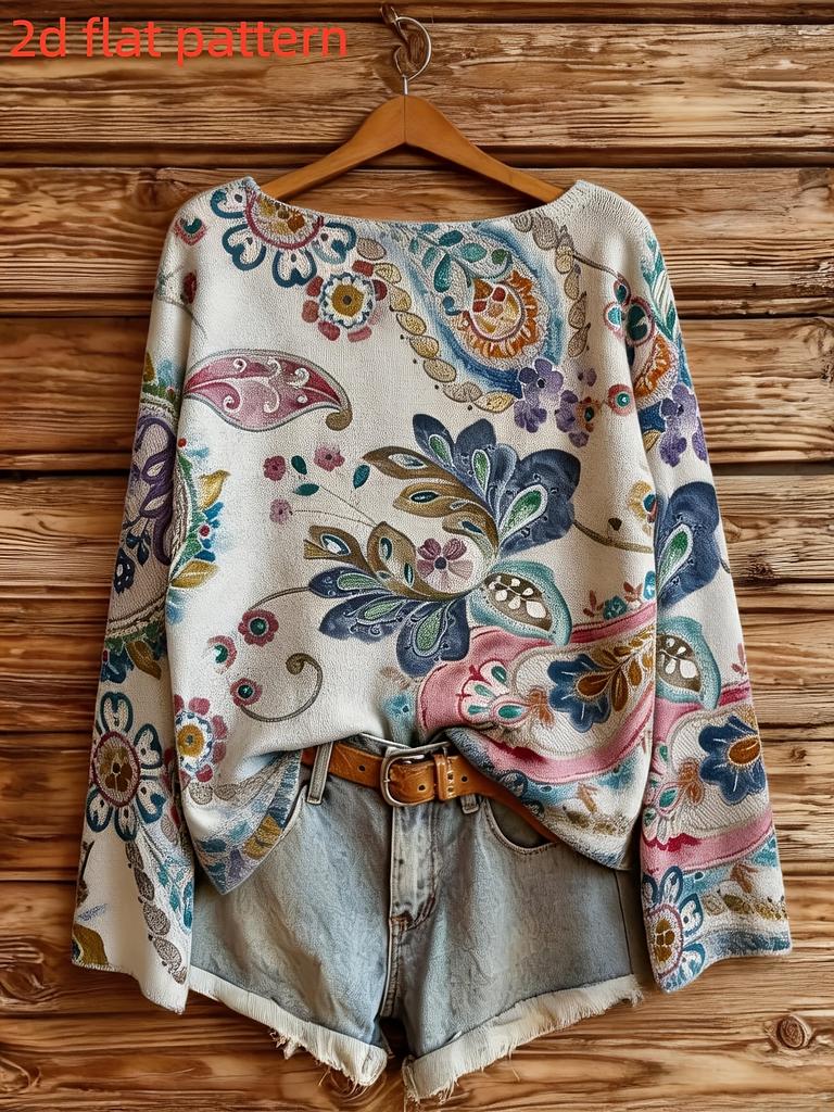 Autumn and Winter Style Versatile Pullover Long-sleeved Women's Tops Flower Pattern Fashion Trend Women's Sweater Digital Printing Pattern