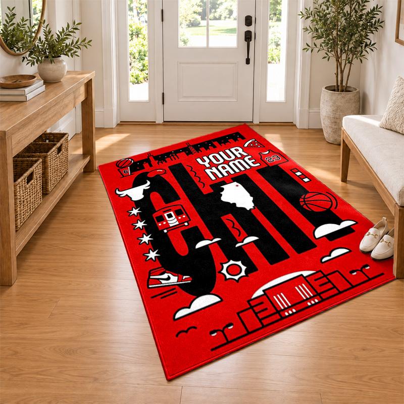 Chicago Bulls Custom Name Personalized Rug Non‑Slip Doormat Floor Carpet Housewarming Birthday Gift for Family Friends