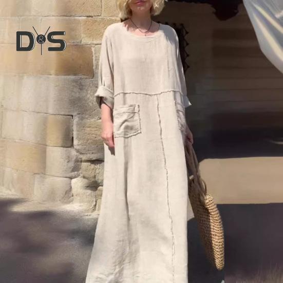 Женское платье с длинными рукавами, свободное однотонное длинное платье с карманами, ретро-стиль, платье трапециевидной формы с круглым вырезом для офиса, повседневной жизни, пляжной вечеринки