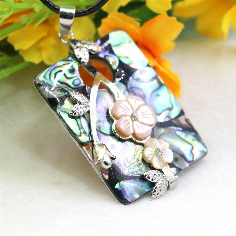 30X40mm Square Flower Leaf Mirage Natural Abalone Sea Pearl Shells Pendants Necklace Alloy Black Rope Chain Women Girls Jewelry
