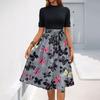 Women's Fashion Casual Belt Short Sleeve Round Neck Floral Elegant Temperament Dress