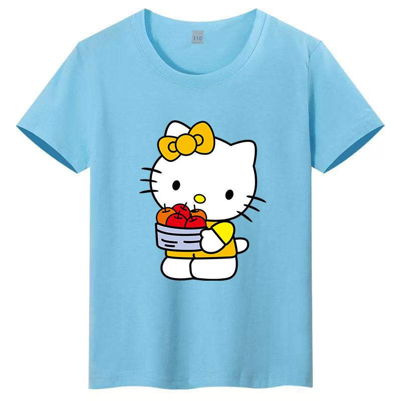 Новая детская футболка Sanrio Hello Kitty с мультяшным принтом, круглый вырез, милая и повседневная, универсальная, с короткими рукавами