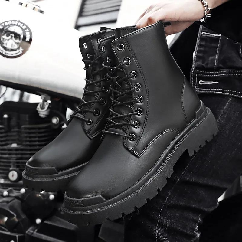 Fashion Men High Top Boots Fashion Motorcycle Boots Casual Leather Boots for Men Waterproof Work Boot Lace Up Platform Boot Botas Hombre