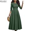 Women Casual Round Neck 3/4 Sleeve A-Line Long Dress