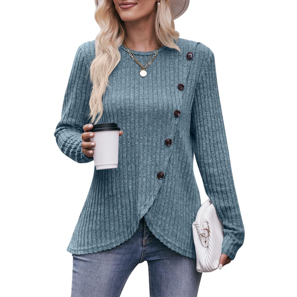 Женская эластичная трикотажная футболка с круглым вырезом в рубчик, модная однотонная футболка на пуговицах с нерегулярным низом