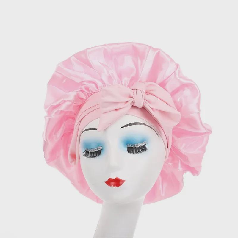High Elastic Satin Nightcap with Wide Brim & Bow for Salon Hair Care