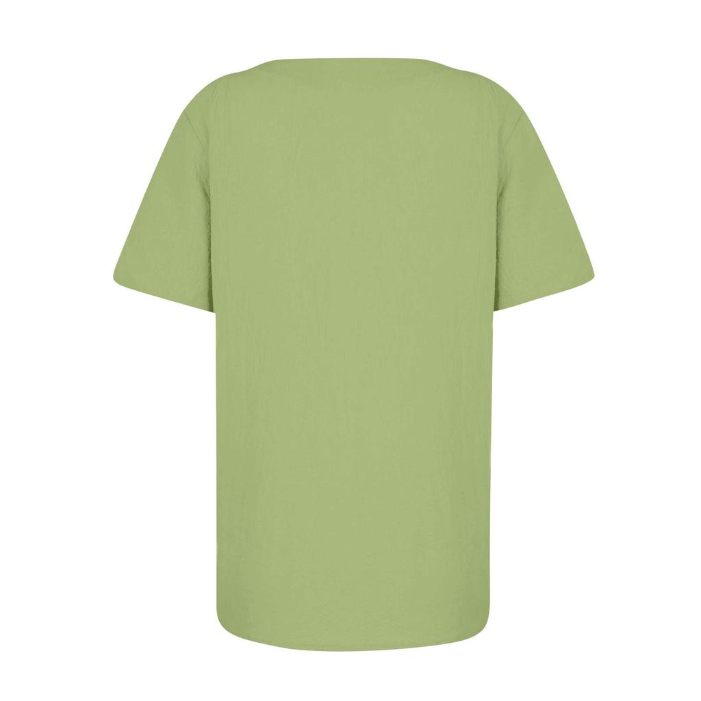 Women's Cotton Linen Round Neck Short Sleeve With Button Tops Printed T-shirt