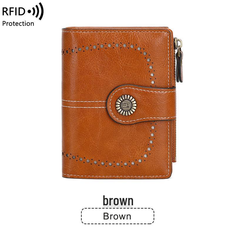Women's RFID Anti-theft Leather Wallet: Multi-card Slot, Buckle & Zipper - European & American Fashion