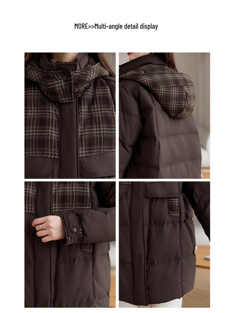 Модное женское пуховое пальто с капюшоном 2024: Средней длины, Легкий, Лоскутный дизайн