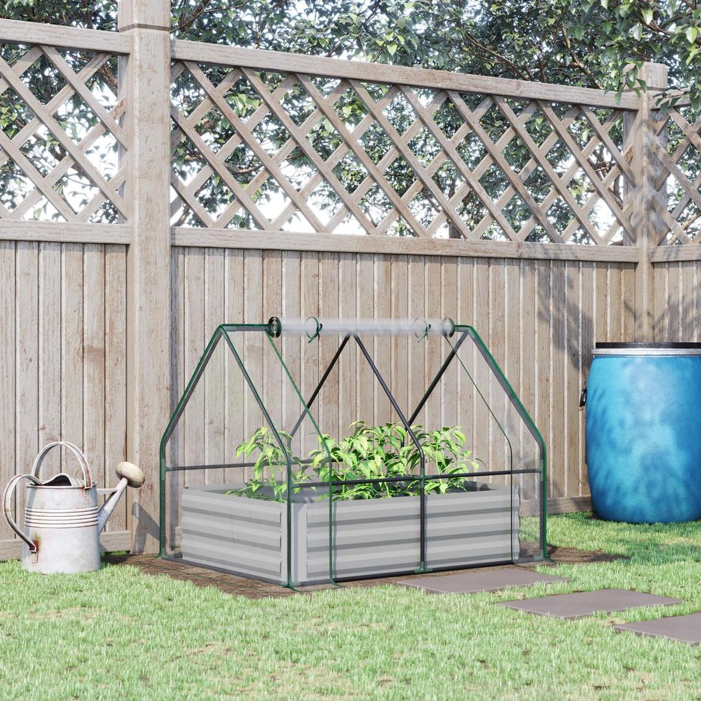 Raised Garden Bed with Greenhouse, Steel Planter Box with Plastic Cover, Roll Up Window, Dual Use for Flowers, Vegetables, Fruits and Herbs