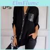 Stand Collar Shirt Women Rollup Long Sleeve Shirt Tops Sequins Patch Pocket Single Breasted Sunscreen Shirt