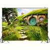 2D flat banner 1 piece - Polyester green hillside cabin background fabric