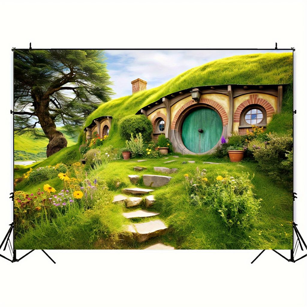 2D flat banner 1 piece - Polyester green hillside cabin background fabric