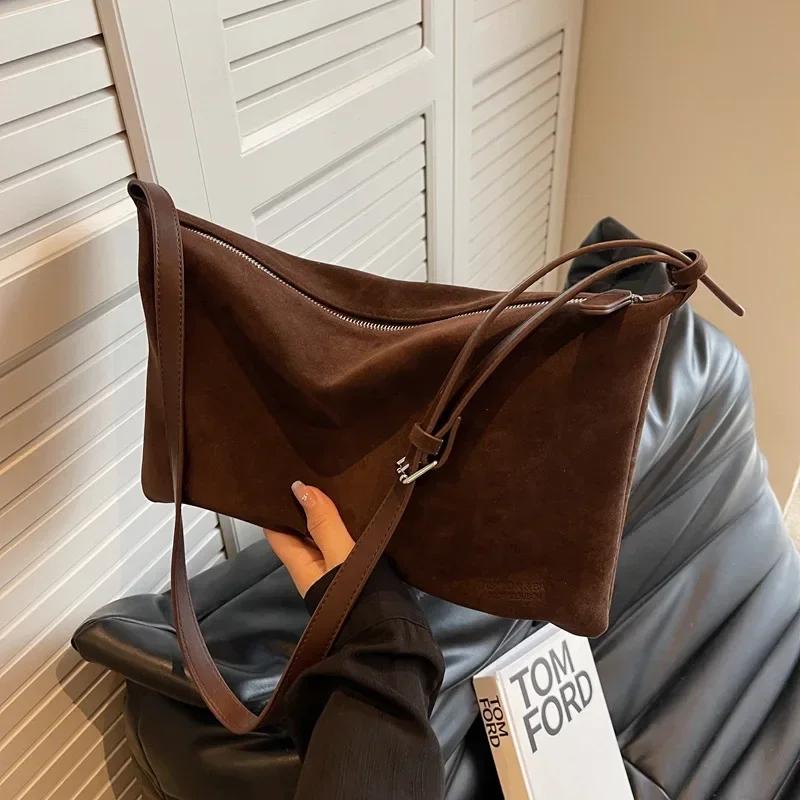 Винтажная женская накладная матовая замшевая новая осенне-зимняя сумка через плечо под мышкой, простая сумка-тоут, большая вместительная сумка для поездок на работу