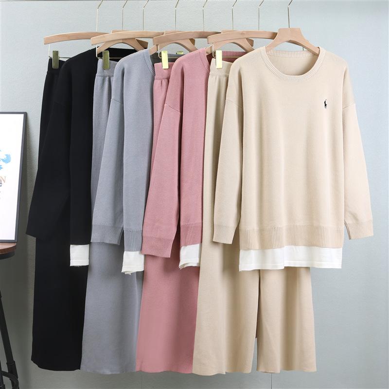 Осенний женский повседневный комплект больших размеров, свободный свитер с круглым вырезом и широкими брюками