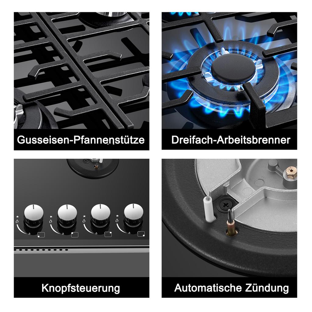 Gas Hob 4 Burners,60cm Black Glass Gas Hob,Built in Gas Cooktop with Cast Iron Supports,Gas Hob Cooker with Flame Out Protection
