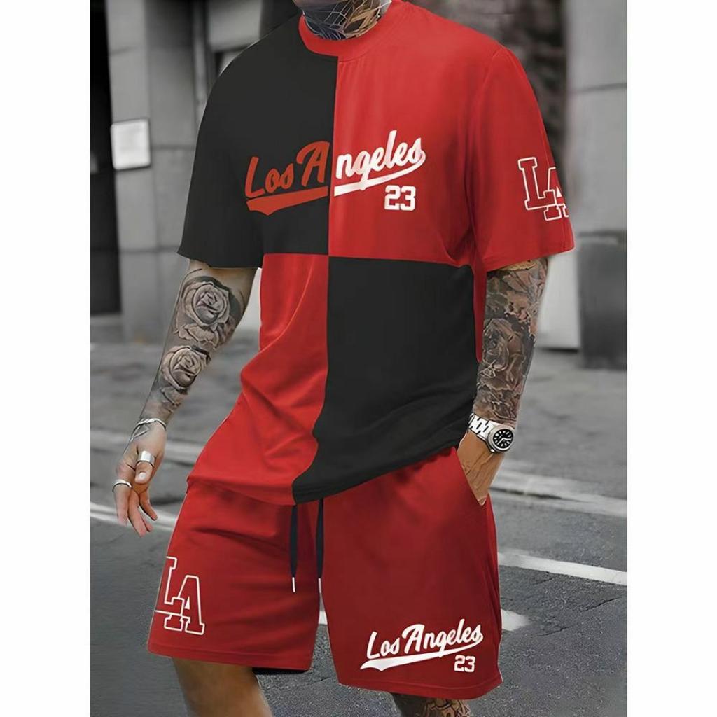 Простой новый летний мужской костюм с 3D-принтом и буквами, шорты с короткими рукавами, простая футболка с такими же принтованными шортами, комплект из двух предметов