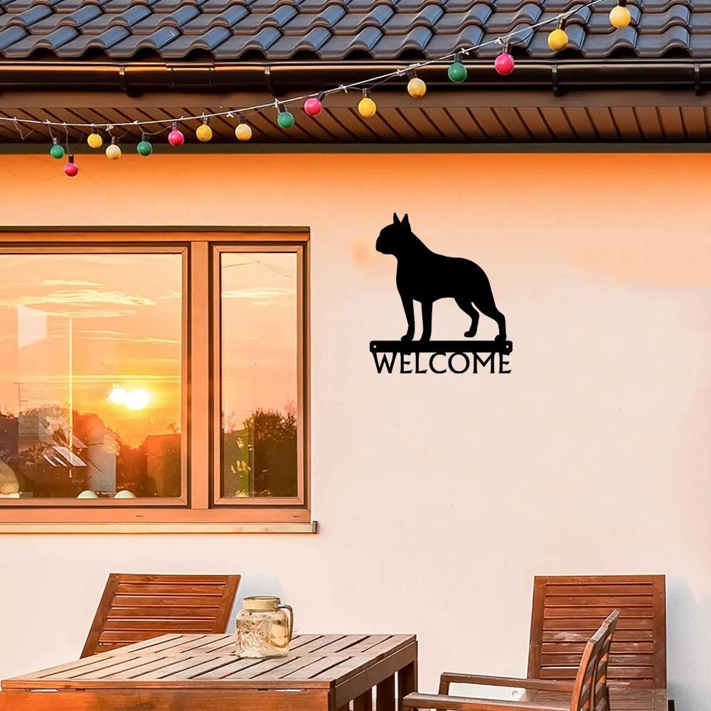 Dog Welcome Sign Boston Terrier - 12" X 13.6" Metal Wall Art for Pet Lovers, and Charming Home Entrance Decoration