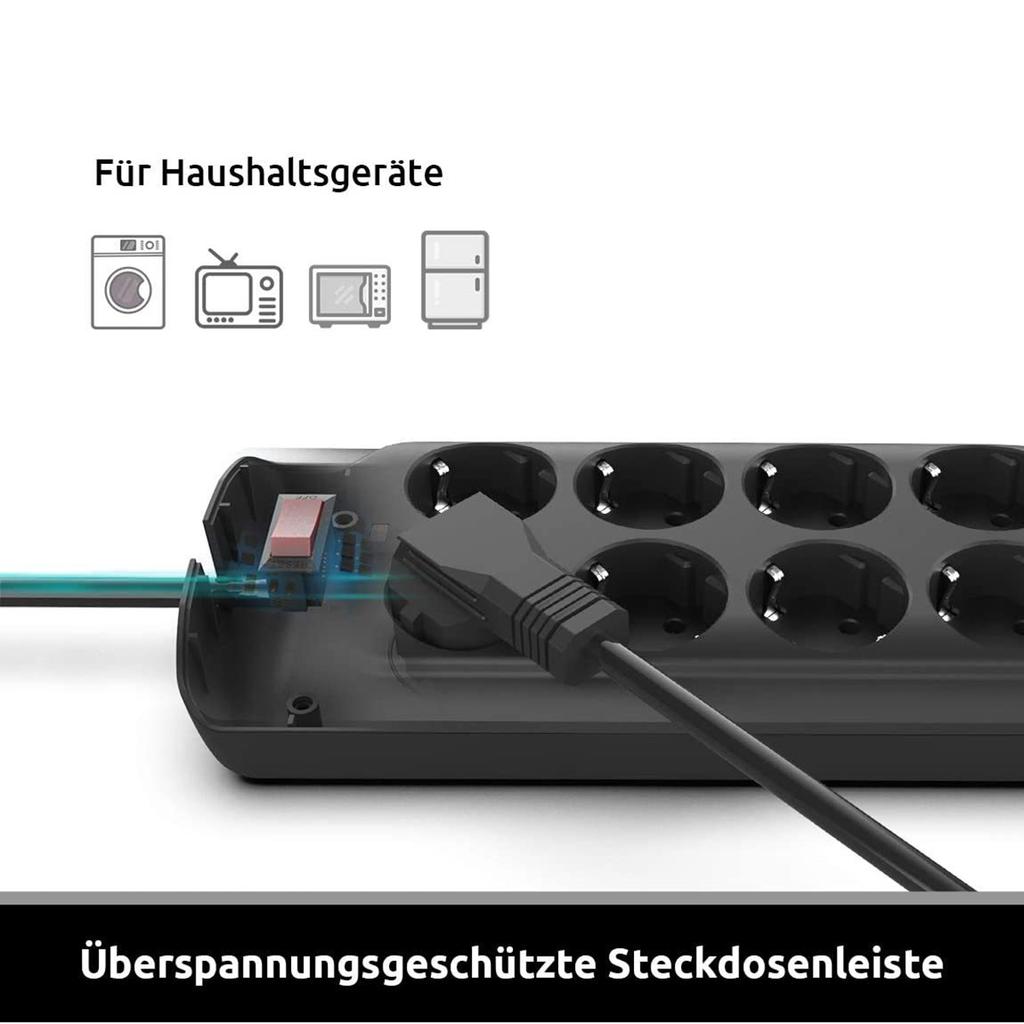 Умная розетка, кабель 2 м, 8 розеток, 4 USB-порта для быстрой зарядки — черная розетка