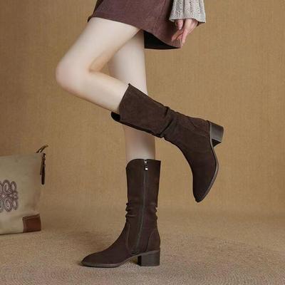 2025 Ретро Матовые Сапоги Миди со Сборками - Стиль Вестерн Ковбой