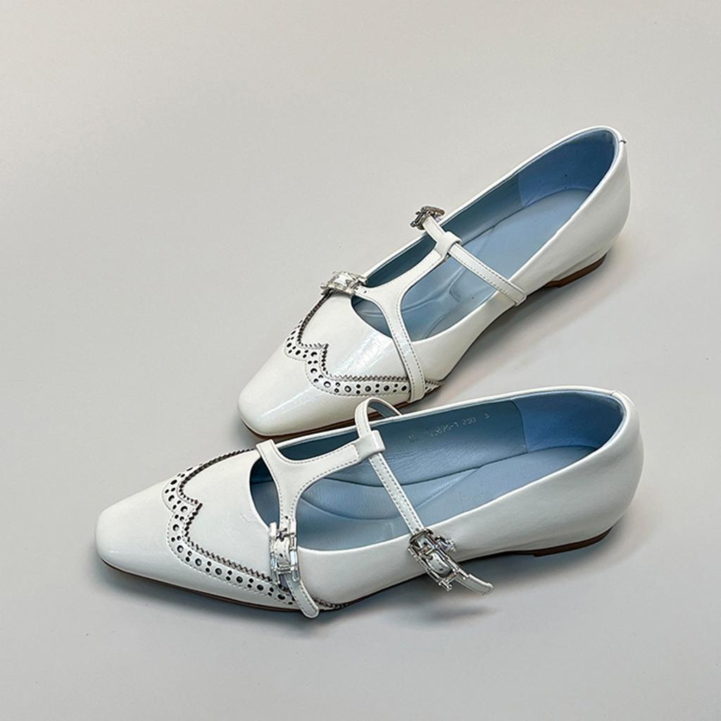 Sheepskin Version~ New Niche Design H-buckle Shallow Mouth Mary Jane Shoes Square Head Inner Height Increase Leather Shoes Engraved Single Shoes