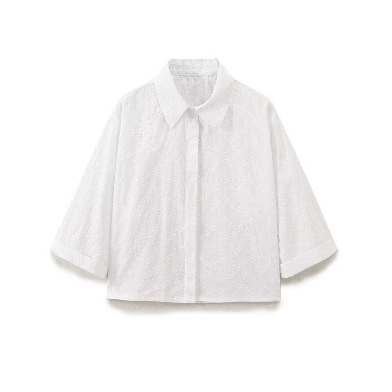 Fashion Style 2024 Summer New Women's Clothing Elegant White Short Sleeve Stand Collar Embroidery Short Shirt 3564115