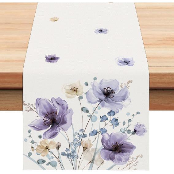 Bonhause Watercolor Floral Table Runner 13x72 Inch Lilac Purple Brown Flowers Seasonal Summer Kitchen Dinning Table Decoration for Indoor Outdoor