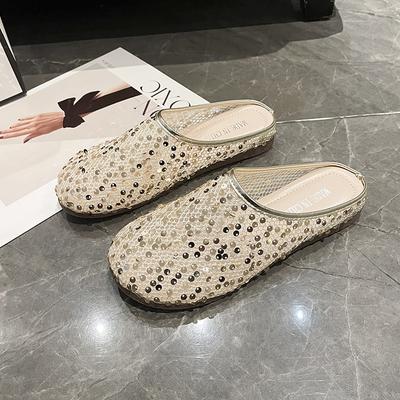 Модные весенние модные шлепанцы баотоу для женщин, с круглым носком, из ткани с пайетками и сетки, дышащие, на мягкой подошве, противоскользящие, износостойкие, плоские туфли