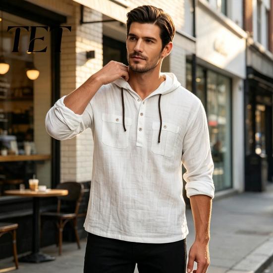 Comfortable Gym Sports Tops Men Cotton Linen Hoodie, Long Sleeve Hooded Sweatshirt with Button Mens Beach Vacation Apparel Neck, Casual Pullover Shirt
