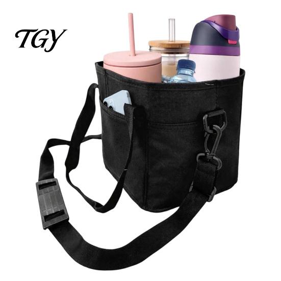 Portable Coffee Cup Tote for Takeout Beverage Drink Pouch with Adjustable Strap, Reusable Waterproof 4 Carrier Washable Daily Use Holder, Foldable