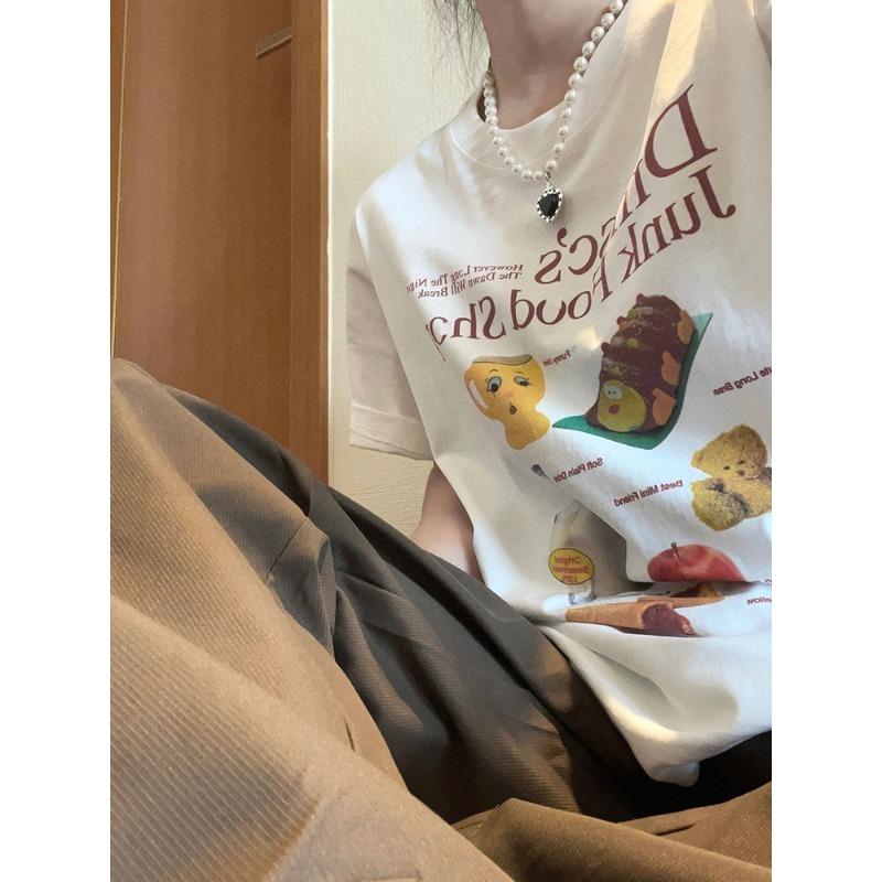 Fun Graffiti Cartoon Print Short Sleeved T-shirt White Women's Summer Loose Round Neck Casual Top with A Sense of Niche Design