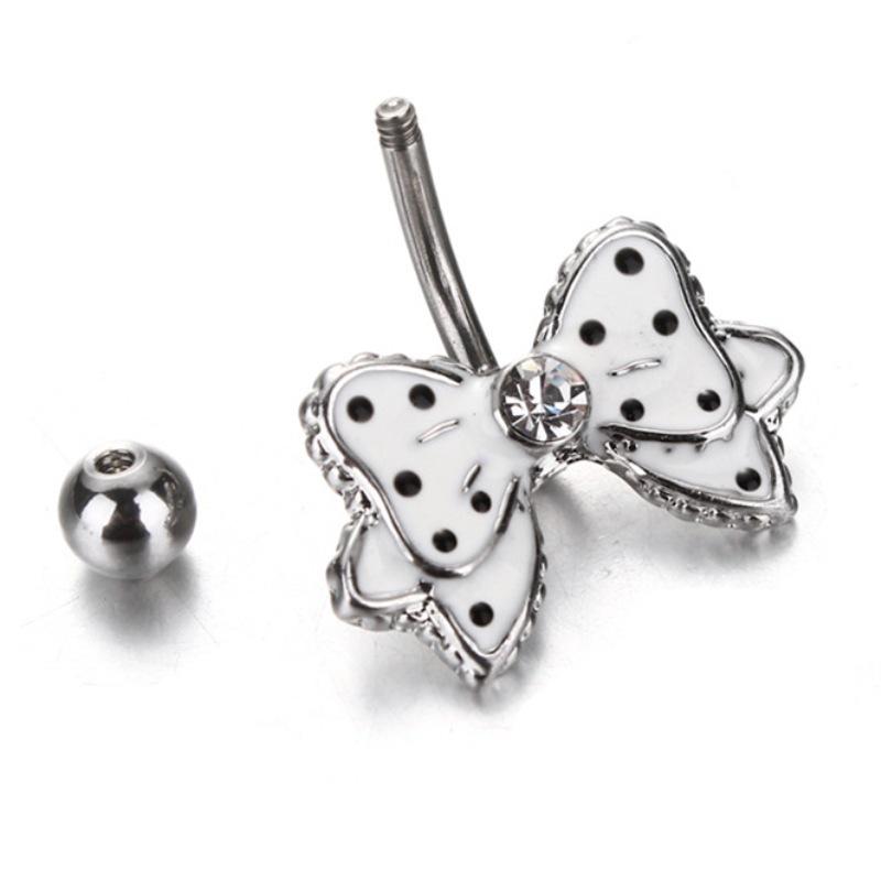 Кольцо для пупка из нержавеющей стали с бантом в горошек и бриллиантами