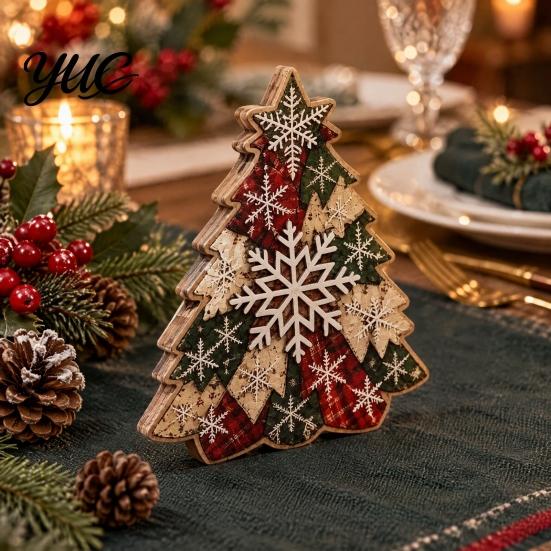 Indoor Holiday Window Ornament Quilted Christmas Tree Wooden Table Sign, 2D Flat Fabric Patchwork Pattern Desktop Vintage Plaid Decor Ornament, Rustic
