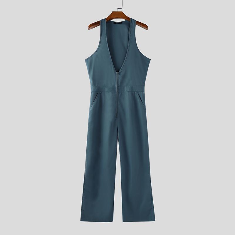 INCERUN Men Deep V Neck Zip-up Casual Long Rompers Jumpsuits