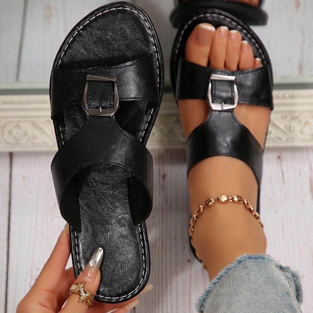 2025 новая модель новый однотонный плоская подошва все еще простые пряжки круглый носок иностранный стиль универсальные крутые шлепанцы
