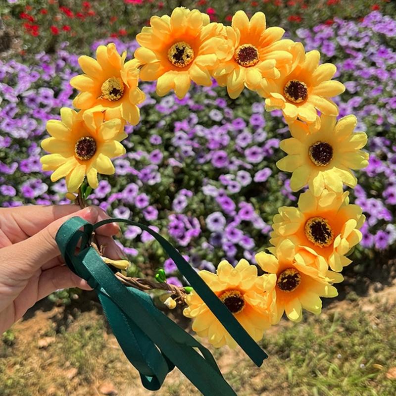 Realistic Sunflower Garland Headband Bohemian Crown Headpiece Tiaras Flower Hairband Women Wedding Party Accessories