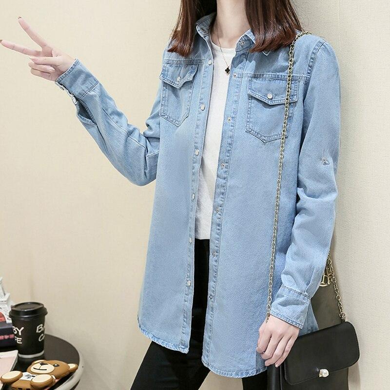 Classic Solid Long Sleeve Mid-length Denim Jacket For Women Rip Curl Cuff Blue Slim Blouse Office Work Lady Spring Jean Coat
