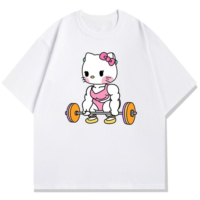 Hello Kitty Fitness Theme Printed Childrens Tshirt Loose Casual Round Neck Parent Child Short Sleeve 2026 Summer New Style