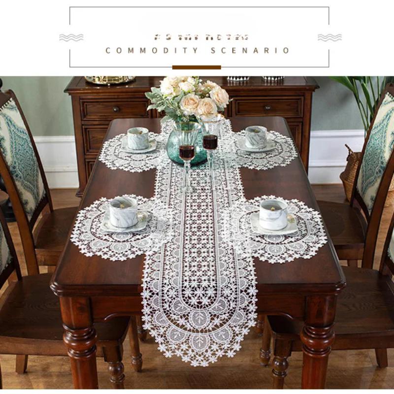 Lace Table Runner Luxury White Wedding Place Tables Runner Home Table Embroidery Hollow Romance TableCover Table Mat Decoration
