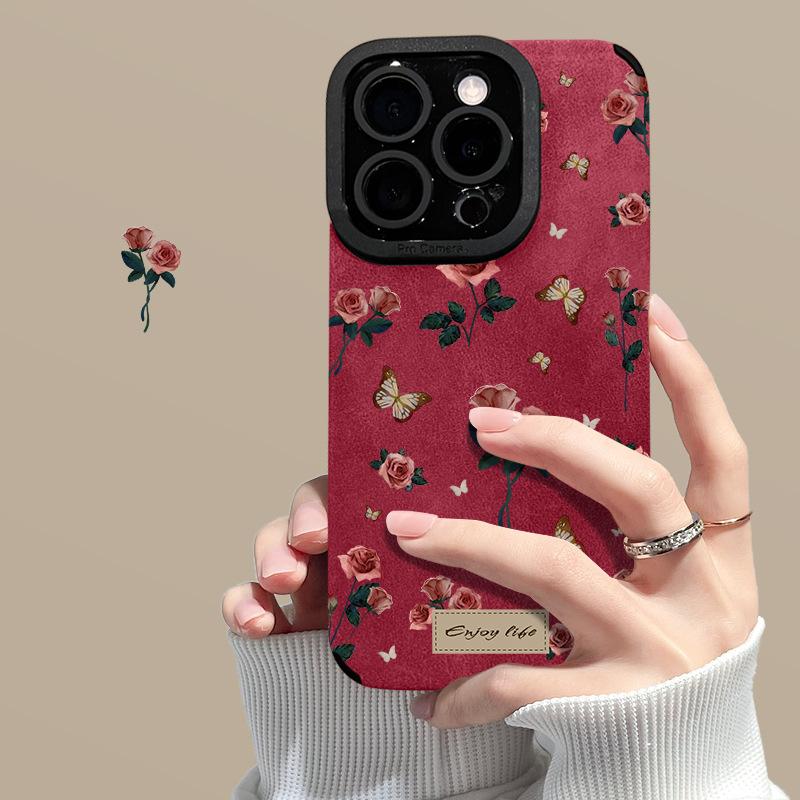 Браслет «Роза-бабочка», Подходит для чехла для телефона Apple 16pro 15, Ретро противоударный 14, Замшевый 13, Мягкий силиконовый 8