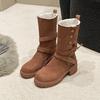 Winter Women Plush Warm Snow Boots Fashion Khaki Suede Leather Elegant Platform Short Boots 6cm Square Heel Casual Ladies Shoes