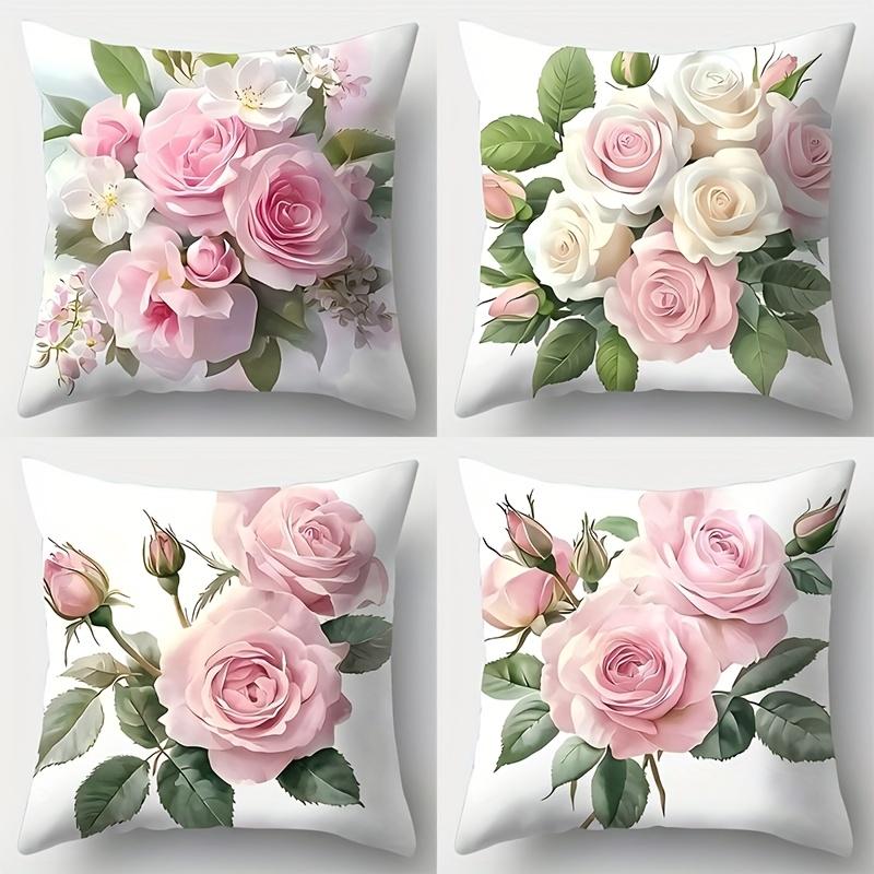 Elegant Pink Rose White Floral Pillow Covers Square Contemporary Living Room Decor for Sofa Accent Pillows